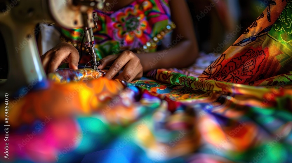 Obraz premium Close-up of hands sewing colorful fabric on a sewing machine.