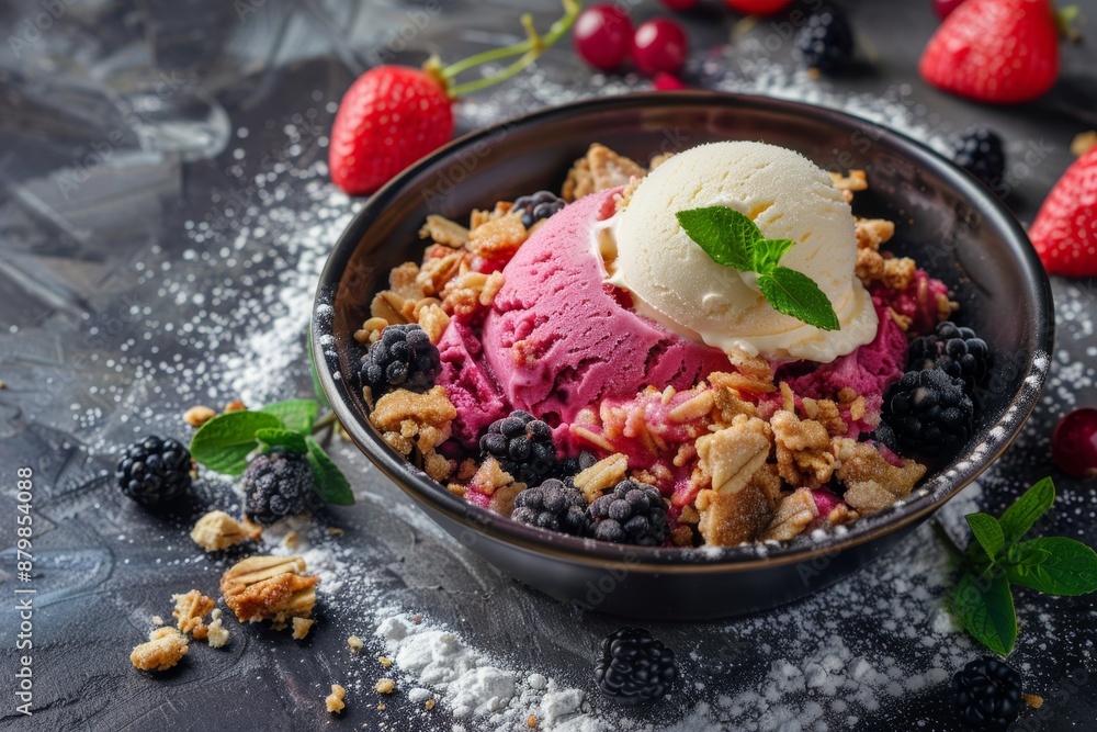 Fototapeta premium Summer fruit crumble with vanilla ice cream