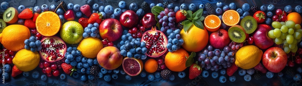 Fruit background. Fresh fruits top view on a black background. Fruit arrangement. Nicely placed fruits. Fruit background. Fresh fruits top view on a black background. Fruit arrangement. Nicely placed fruits.