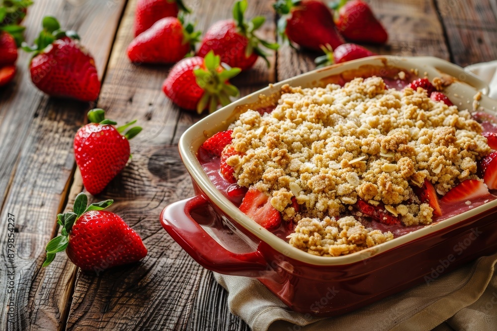 Summer strawberry crumble dessert on rustic table Summer strawberry crumble dessert on rustic table