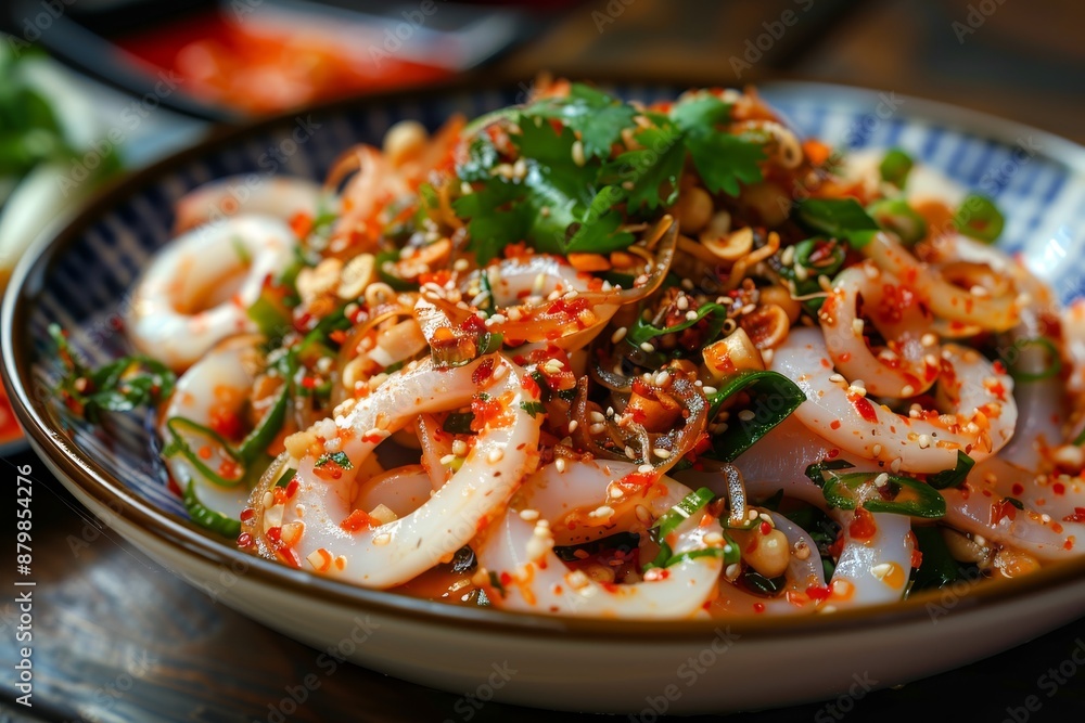 Super spicy squid roe salad in fermented fish sauce a hot and spicy Thai dish from a side view Super spicy squid roe salad in fermented fish sauce a hot and spicy Thai dish from a side view
