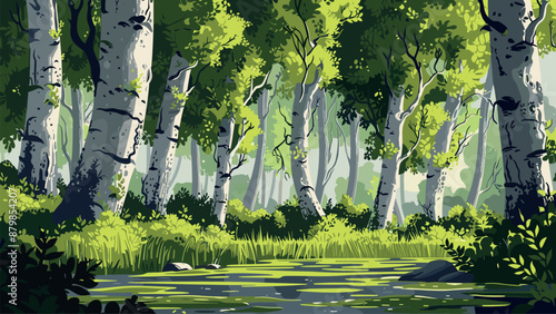 Dense Birch Grove at the Edge of a Swamp Cartoon Game Illustration Forest Trees Woodland Wetland Habitat Marshland Adventure Exploration Illustration Serene Scenery Tranquility