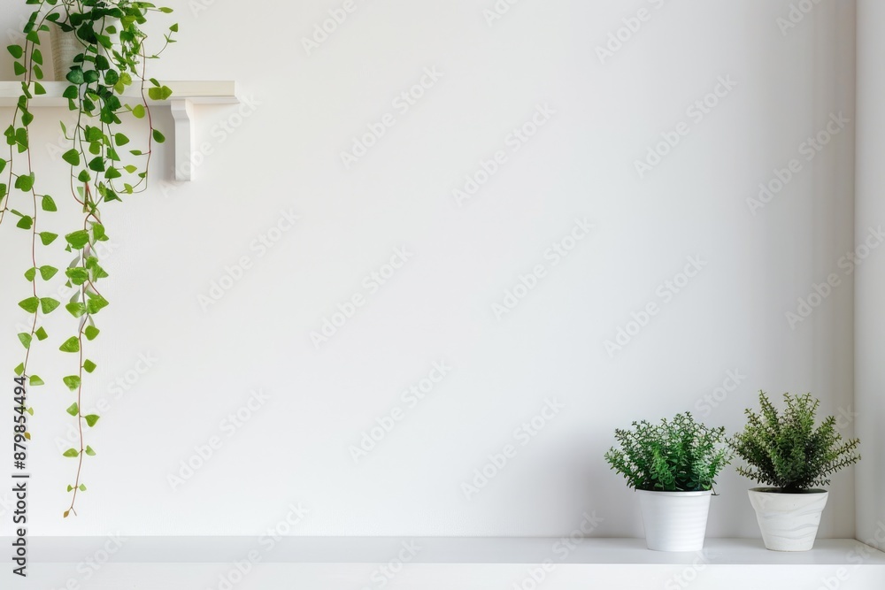 Small Shelf. Green Plants on White Wall Shelf, Minimalist Home Decor Small Shelf. Green Plants on White Wall Shelf, Minimalist Home Decor