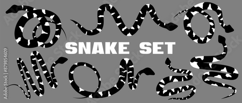 Black and white silhouette snakes set. Isolated symbols on grey background. Zig zag reptile vector illustration. Dangerous wildlife animals in garden. Black snake with white spots. Eps 10 clipart draw