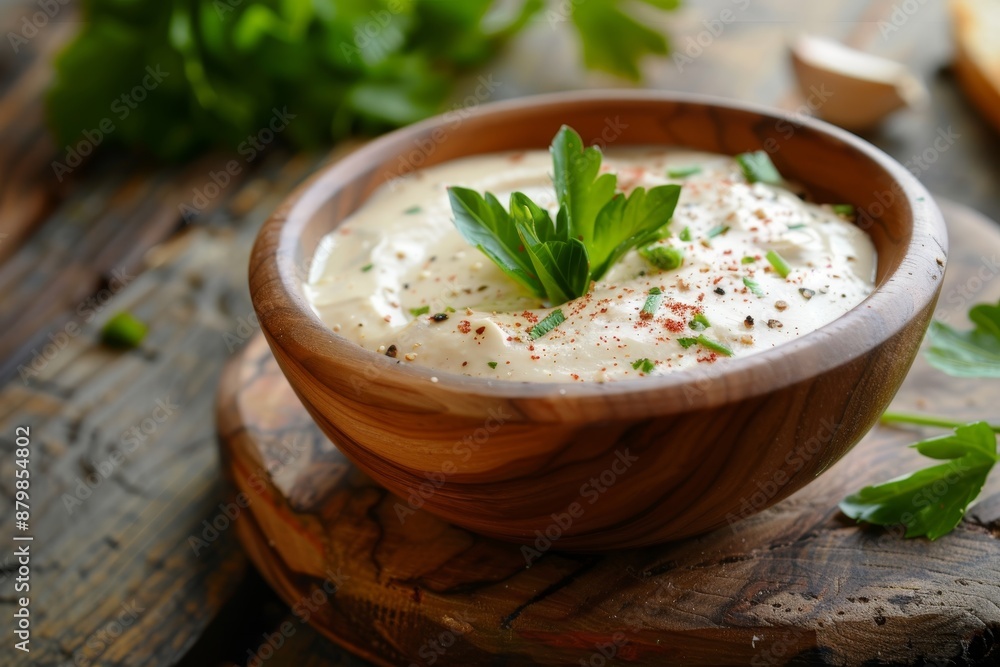 tahini sauce in a wooden bowl tahini sauce in a wooden bowl