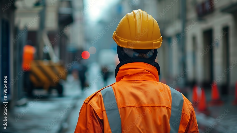 Construction worker with yellow helmet and reflective jacket standing on the street Construction worker with yellow helmet and reflective jacket standing on the street