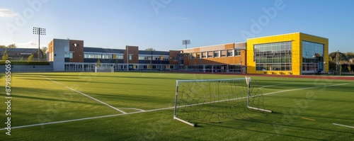 Modern high school sports field with soccer goal and vibrant building in the background on a sunny day photo