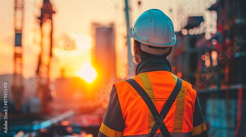 Engineer or foreman working on construction site with sunset background