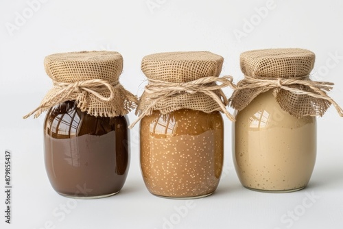 Tasty tahini jars on white background photo