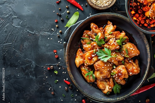 Teriyaki chicken with sesame seeds in spicy sweet and sour sauce Chinese Thai Japanese cuisine Recipe background with copy space for food flat lay