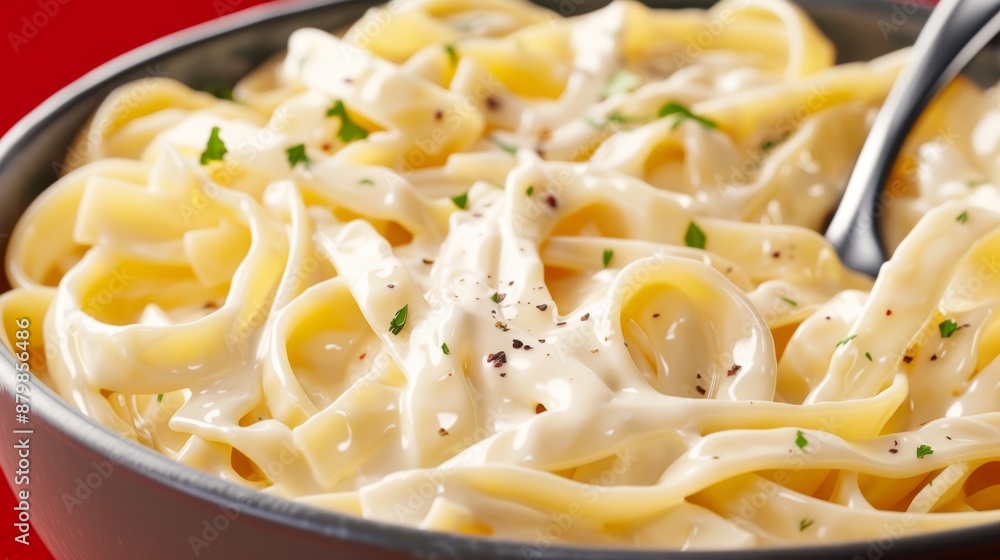 Close-up of Alfredo pasta in creamy white sauce, garnished with fresh herbs, red backdrop, hyper-realistic and cinematic photo Close-up of Alfredo pasta in creamy white sauce, garnished with fresh herbs, red backdrop, hyper-realistic and cinematic photo