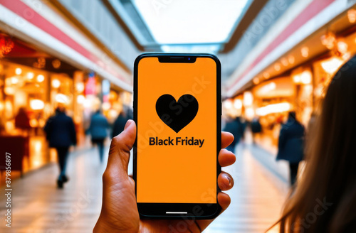 Black Friday shopping app in a mobile phone screen, male holds it in the hand, against the backdrop of a blurred festive shopping center