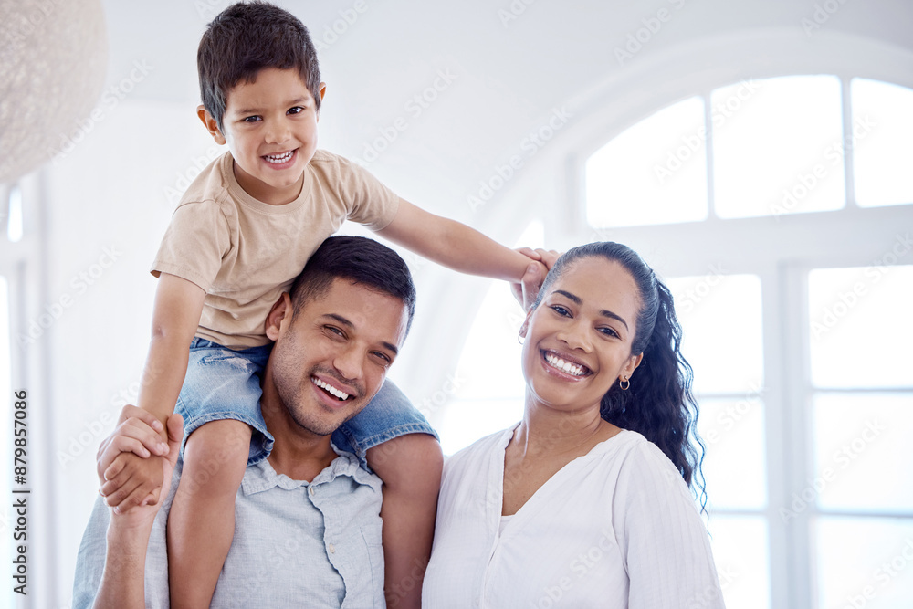 Portrait, family and child on dad shoulders for airplane, play and games in home with happiness. Parents, smile and boy with piggyback of father for support, development and trust for fly fantasy Portrait, family and child on dad shoulders for airplane, play and games in home with happiness. Parents, smile and boy with piggyback of father for support, development and trust for fly fantasy