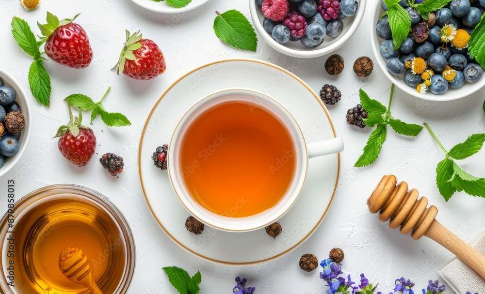 Top view of a table with herbal tea honey healing herbs and berries Herbal remedy Top view of a table with herbal tea honey healing herbs and berries Herbal remedy