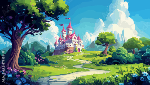 Fairy Tale Castle of the Enchanted Princess Cartoon Game Background Fantasy Kingdom Medieval Architecture Fairytale Landscape Adventure Illustration Magical Palace Royal Residence