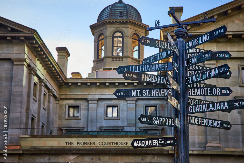 Multi-Directional Signpost at Pioneer Courthouse Portland Eye-Level View