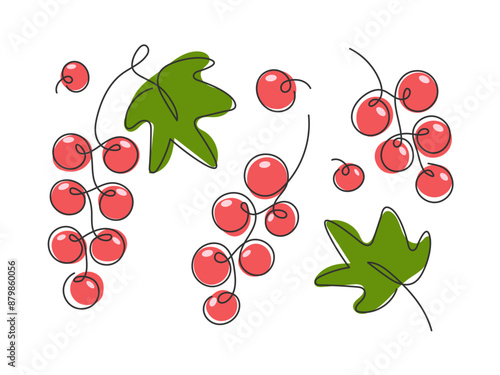 Red Currant branch set. Abstract Cute one line drawn food illustration. Summer Healthy vitamin vegan Berry fruit. Ingredient for juice, syrup, smoothie, jam