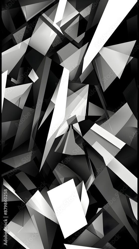 Fototapeta premium Dynamic composition of sharp, overlapping geometric shapes in black, white, and shades of gray, creating a fragmented, modern abstract pattern with high contrast.