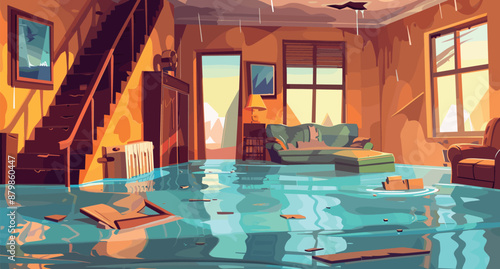 Flooded House Interior Cartoon Game Illustration Submerged Room Water Damage Disaster Home Crisis Indoor Flooding Furniture Floating Illustration Broken Windows Storm Aftermath