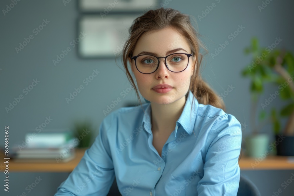 Girl Looking Into Camera Table. Young Female Businesswoman Smiling Happily in Office Environment Girl Looking Into Camera Table. Young Female Businesswoman Smiling Happily in Office Environment