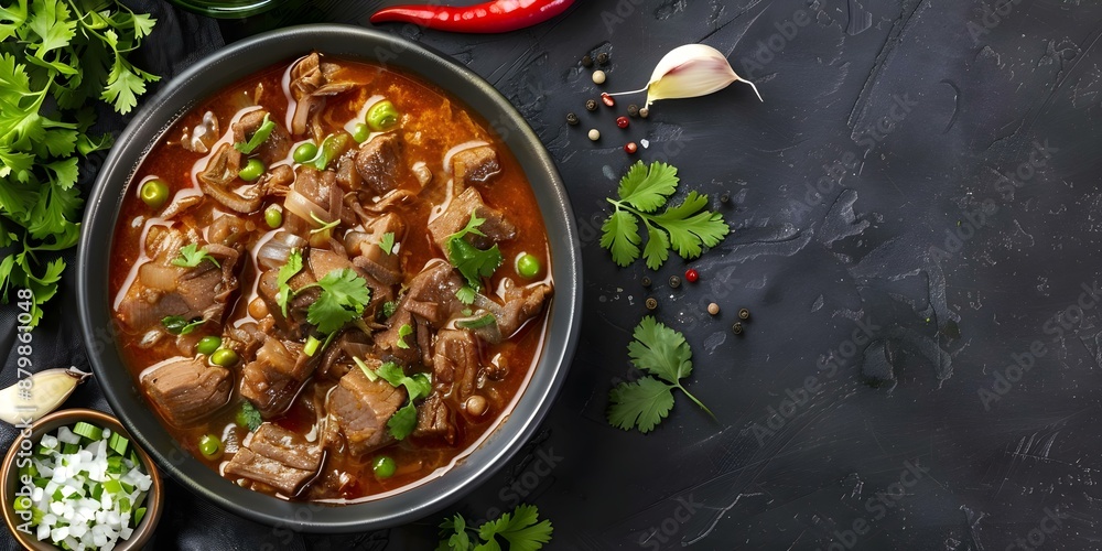Traditional Mexican birria stew with shredded beef in spicy broth. Concept Mexican Cuisine, Birria Stew, Shredded Beef, Spicy Broth, Traditional Dish Traditional Mexican birria stew with shredded beef in spicy broth. Concept Mexican Cuisine, Birria Stew, Shredded Beef, Spicy Broth, Traditional Dish