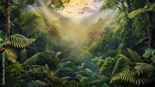 Fototapeta Naklejka Na Ścianę i Meble -  A lush green jungle with a mountain in the background