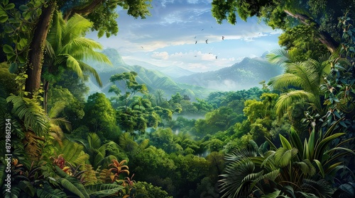 Fototapeta Naklejka Na Ścianę i Meble -  A lush green jungle with a mountain in the background