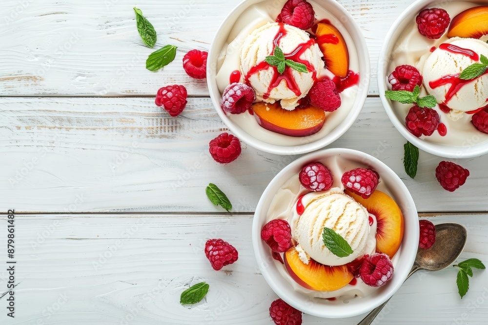 Top view of vanilla ice cream peaches raspberries and raspberry sauce in bowls on white wood panel with space for text Top view of vanilla ice cream peaches raspberries and raspberry sauce in bowls on white wood panel with space for text