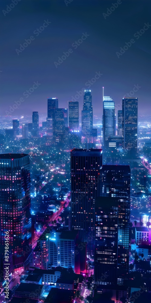 Naklejka premium Cityscape at night with tall buildings illuminated by vibrant neon lights, casting a blue and purple glow over the streets and structures, creating a futuristic ambiance.