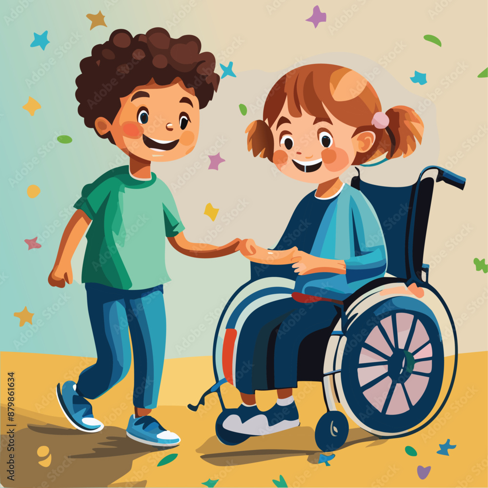 Cartoon of Happy Children in Wheelchairs Outdoors on a Sunny Day | Diverse Group of Smiling Kids with Disabilities in Nature | Poster, Background Cartoon of Happy Children in Wheelchairs Outdoors on a Sunny Day | Diverse Group of Smiling Kids with Disabilities in Nature | Poster, Background