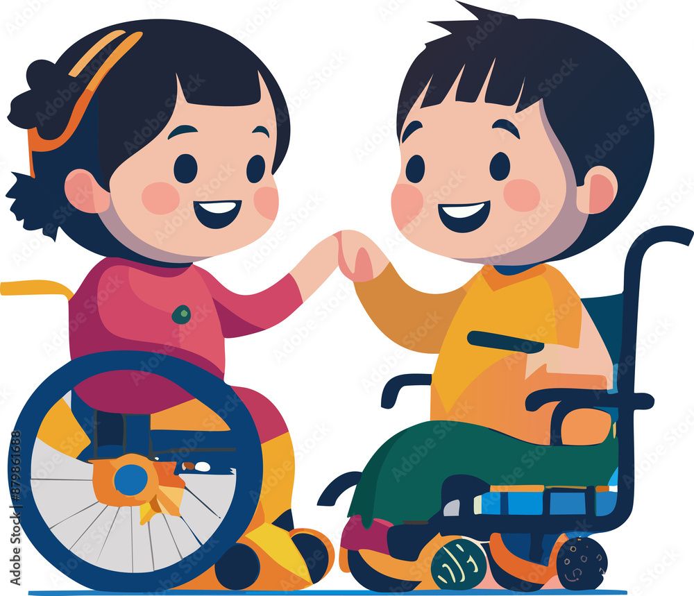 Cartoon of Happy Children in Wheelchairs Outdoors on a Sunny Day | Diverse Group of Smiling Kids with Disabilities in Nature | Poster, Background Cartoon of Happy Children in Wheelchairs Outdoors on a Sunny Day | Diverse Group of Smiling Kids with Disabilities in Nature | Poster, Background