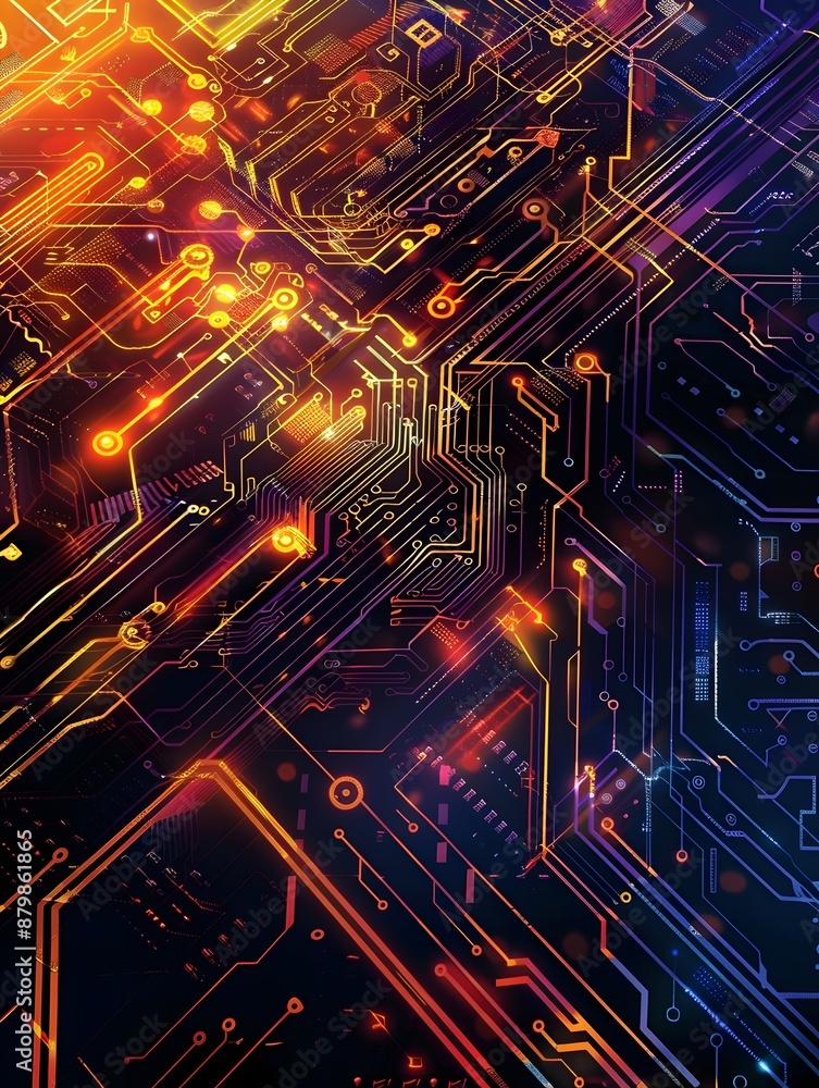 A vivid, abstract illustration of a complex electronic circuit board with glowing lines and nodes in orange, yellow, and blue hues, depicting advanced technology. A vivid, abstract illustration of a complex electronic circuit board with glowing lines and nodes in orange, yellow, and blue hues, depicting advanced technology.