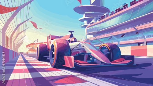 Formula 1 Car Stands on the Starting Line of a Racetrack Cartoon Game Background Motorsport Racing Speed Competition Track Adventure Illustration Grand Prix Circuit Racing Action