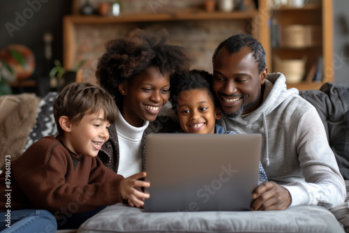 A joyful African American family sitting together on a cozy sofa in their living room, sharing a moment of laughter and connection while looking at a laptop.