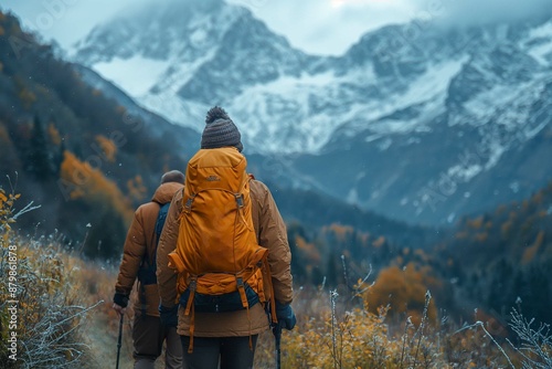 Friends hiking to a remote mountain location