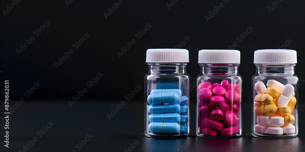Colorful Supplement Pills in Bottles on Black Background for Wellbeing. Concept Wellbeing, Supplement Pills, Colorful, Black Background, Health Benefits Colorful Supplement Pills in Bottles on Black Background for Wellbeing. Concept Wellbeing, Supplement Pills, Colorful, Black Background, Health Benefits
