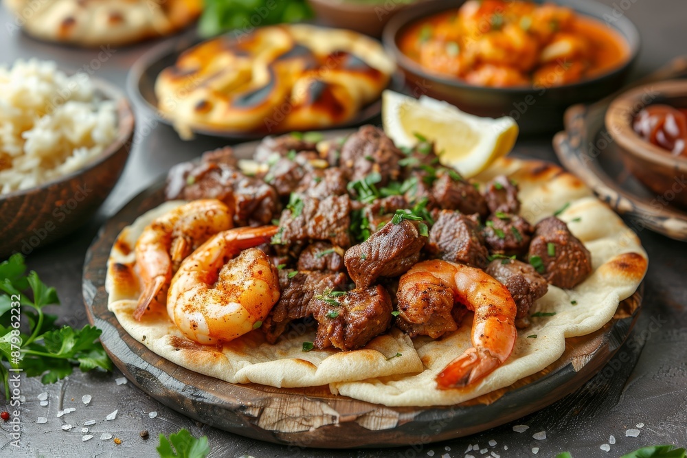 Traditional Egyptian platter with fried shrimps beef brain liver slices parsley and flatbread Traditional Egyptian platter with fried shrimps beef brain liver slices parsley and flatbread