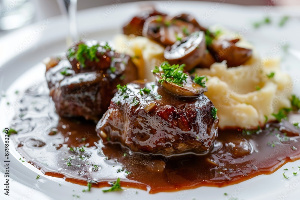 Traditional German pork cheeks in red wine sauce with mushrooms and mashed potatoes on a classic white plate Traditional German pork cheeks in red wine sauce with mushrooms and mashed potatoes on a classic white plate