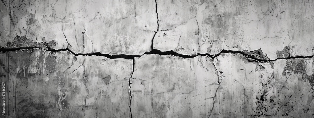 A crack in a wall with a grey background