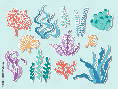 Seaweeds coral sticker collection. Cute ocean sea reef plants. Flat design illustration. Underwater undersea elements 