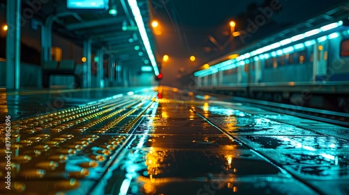 A rainy train station platform with slick, wet surfaces and glowing lights of an approaching train in the distance
