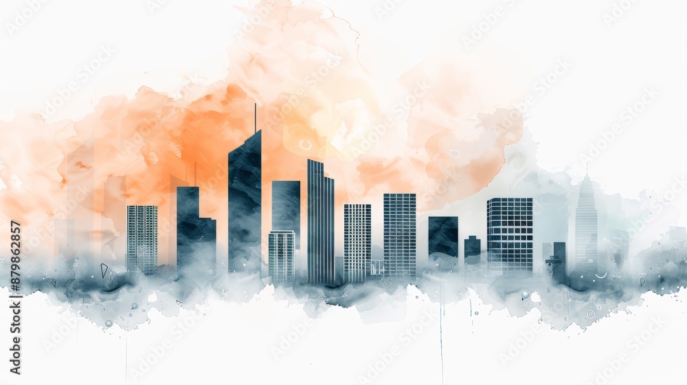 Fototapeta premium Wealth transfer, futuristic cityscape, digital finance, watercolor style, focus cover all object