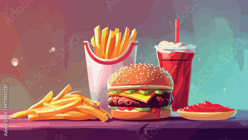 Hamburger, Fries, and Coke Standing Side by Side Cartoon Colorful Illustration Fast Food Meal Combo Burger French Fries Soda Drink Delicious Snack Illustration