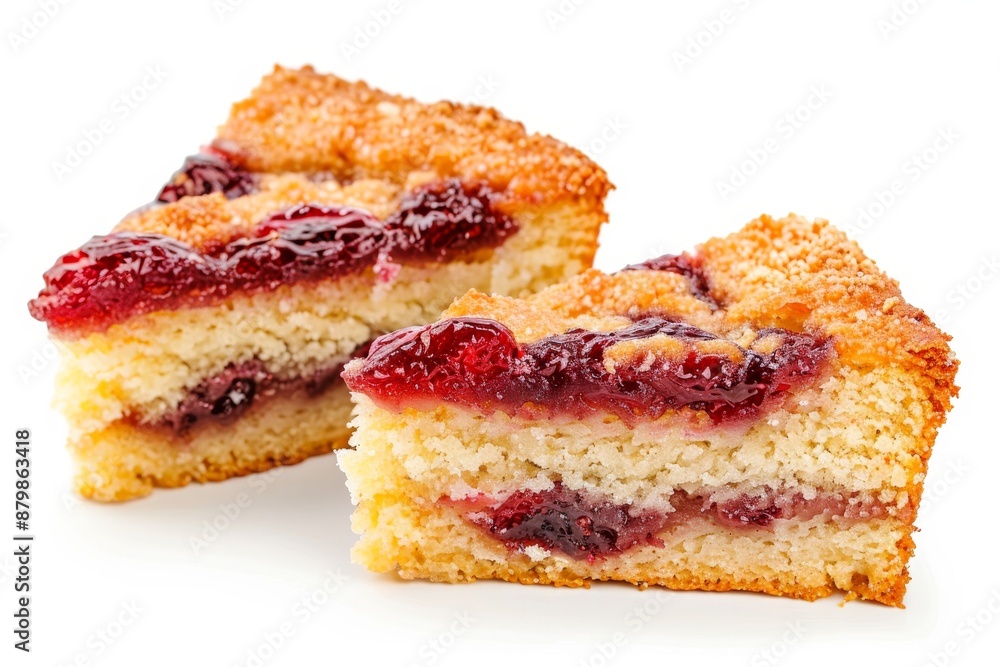 Two crumb cake slices with fruit jam on white background Two crumb cake slices with fruit jam on white background