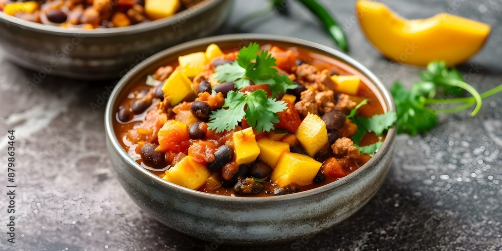 Vibrant Vegan Mexican Sweet Potato Tacos Soup with Black Beans and Mango. Concept Vegan Recipes, Mexican Cuisine, Sweet Potato Tacos, Black Bean Soup, Mango Flavors Vibrant Vegan Mexican Sweet Potato Tacos Soup with Black Beans and Mango. Concept Vegan Recipes, Mexican Cuisine, Sweet Potato Tacos, Black Bean Soup, Mango Flavors
