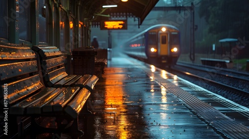 A rainy train station platform with wet benches and the approaching train's lights glowing softly