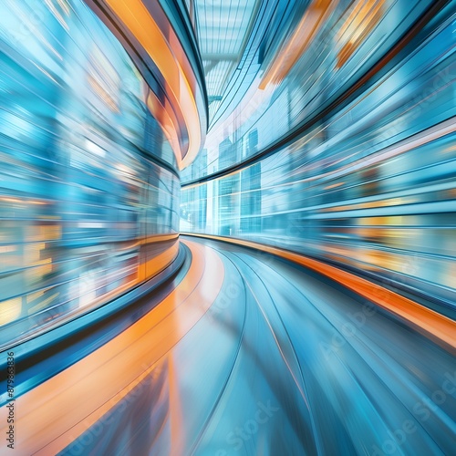 A motion blurred train in an urban setting, with blue and orange tones, symbolizing speed and modernity. The background is filled with glass buildings, creating a depth of field