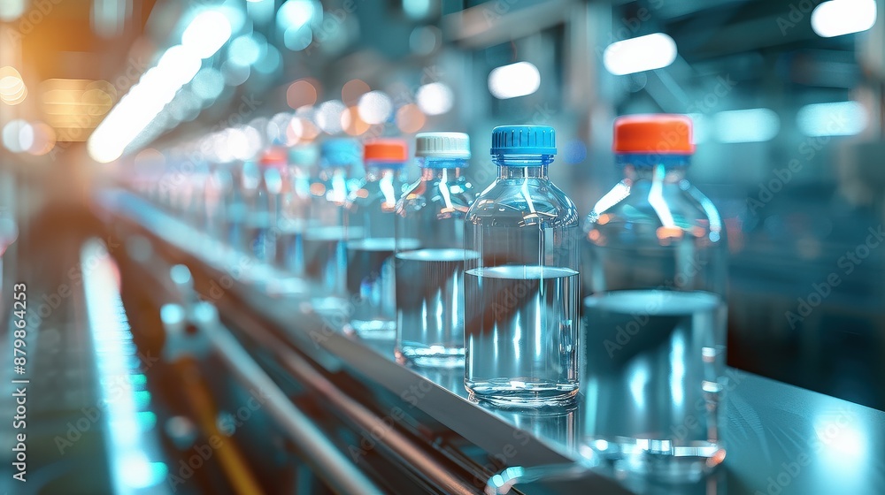 Bottles of water on a conveyor belt production in factory Bottles of water on a conveyor belt production in factory