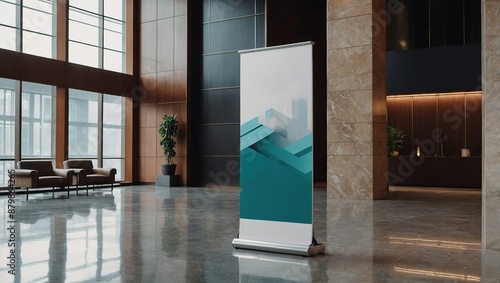 Pull up banner mockup stands in the lobby. Blank roll up poster stands in elegant hallway interior