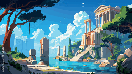 Haven of the Gods on Olympus Cartoon Game Illustration Mythology Ancient Greece Mount Olympus Divine Realm Celestial Home Immortal Gods Mythical Landscape Illustration